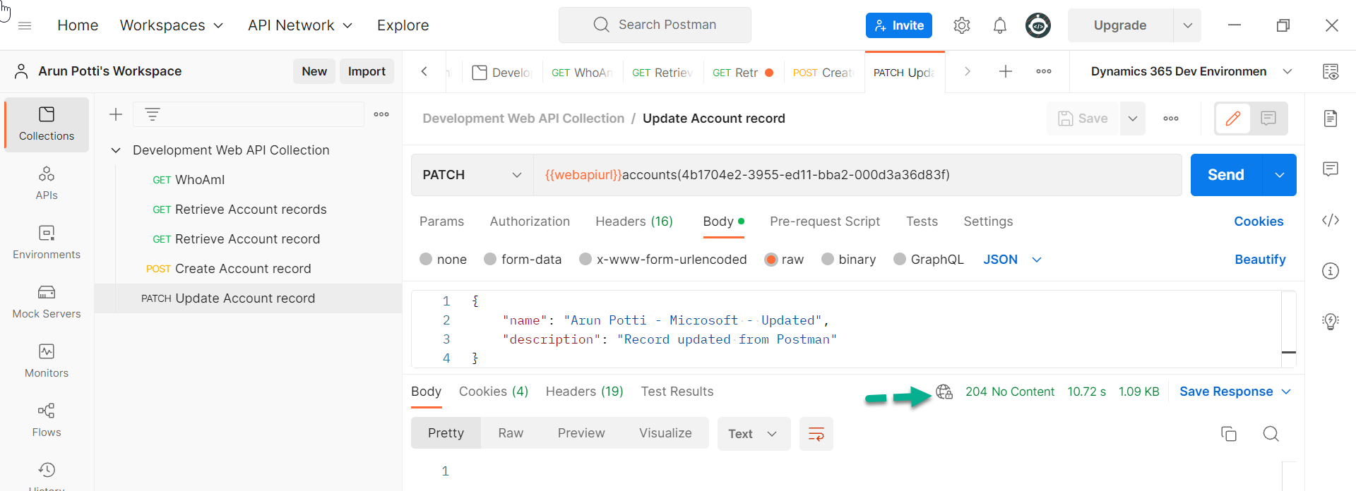 Update The Table Row Values In A Dataverse Environment From Postman